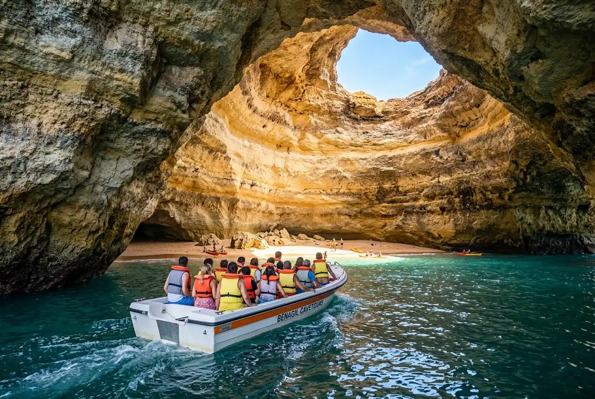 Small speedboat full of passengers in life jackets approaching the golden skylight of Algar de Benagil sea cave, bright midday Algarve coastline