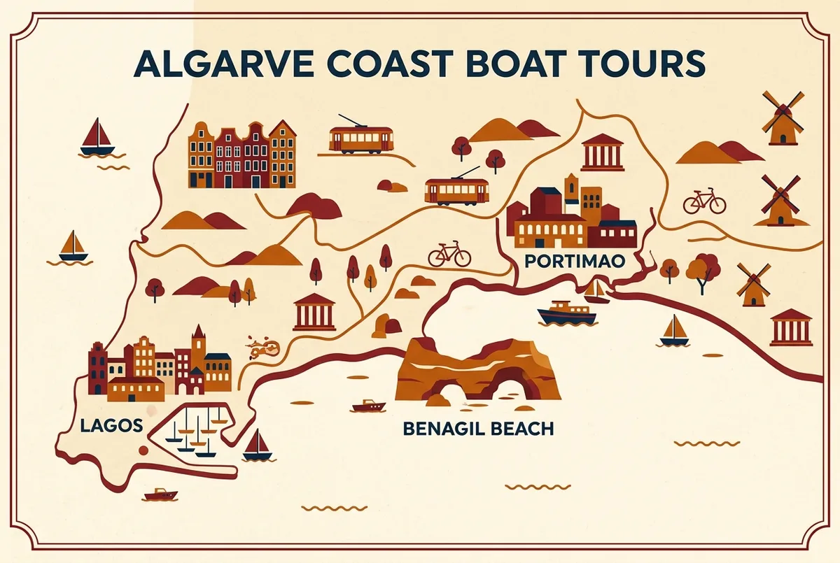Simple map-style infographic showing Portimao, Benagil Beach and Lagos as the three boat tour departure points along the Algarve coast, flat icon style, generic labels only