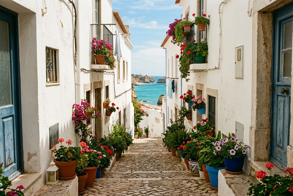 Vicolo bianco e stretto della citta vecchia albufeira con facciate imbiancate a calce e vasi di fiori colorati, scorcio di mare turchese sullo sfondo, luce calda di metà mattina