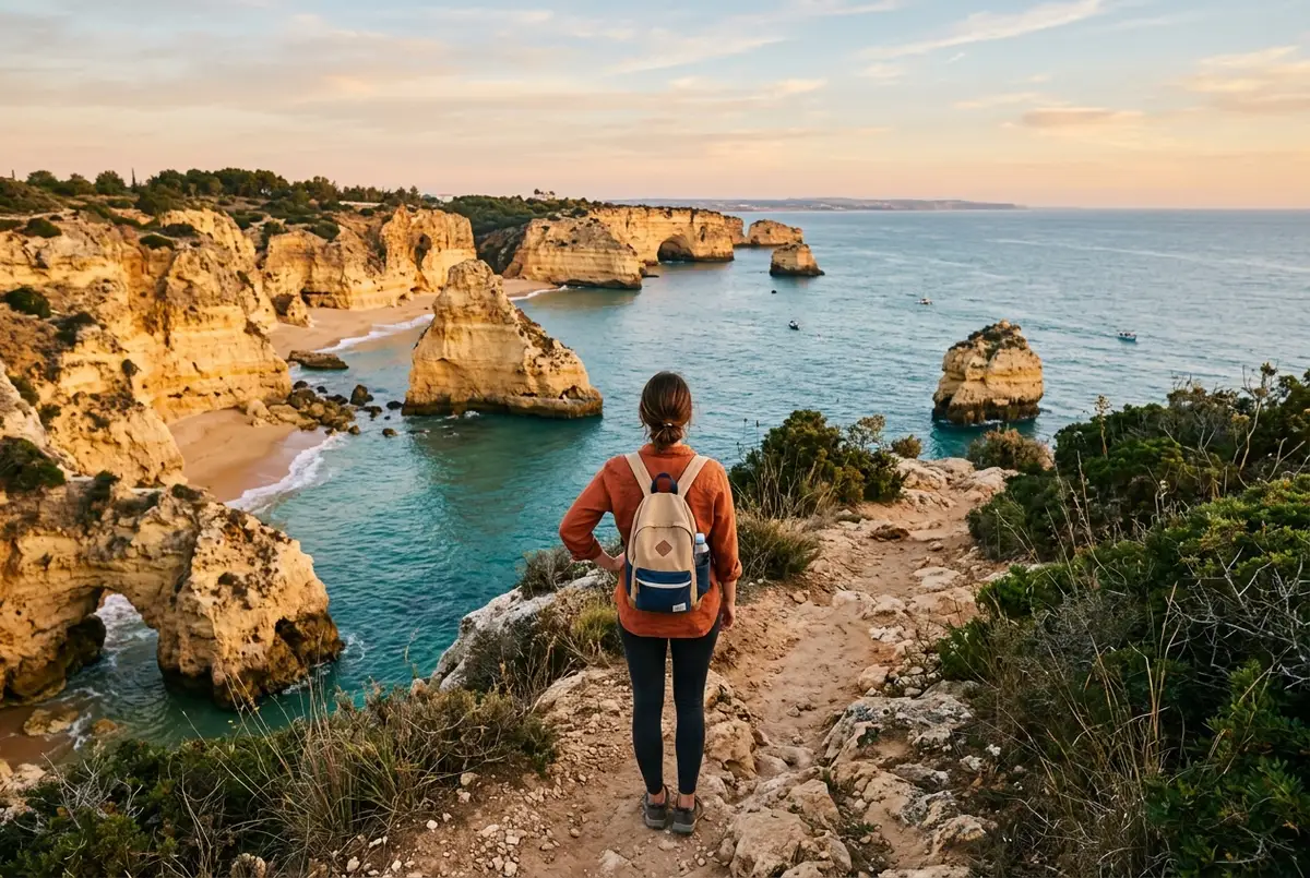 Viaggiatore con zaino e occhiali da sole che consulta una guida cartacea dell'algarve seduto su un muretto di pietra con vista sulla scogliera vicino a benagil, luce dorata di prima mattina