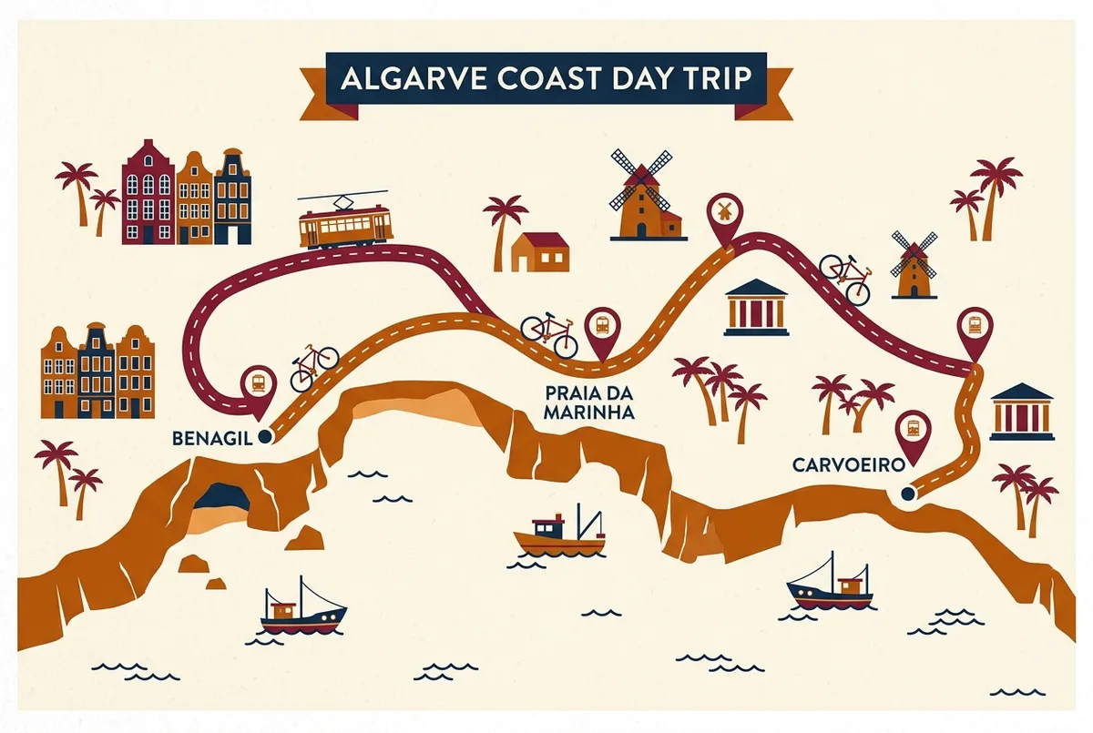 Infografica con linea temporale stilizzata della giornata divisa in tre blocchi orari etichettati mattina grotta, mezzogiorno spiaggia e pomeriggio città, con icone generiche barca, ombrellone e edificio storico, senza prezzi o statistiche