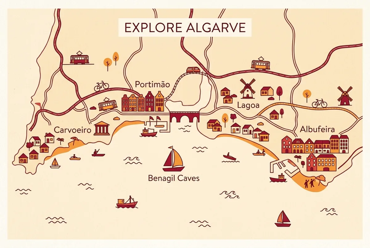 mapa simples estilo infográfico mostrando as principais zonas para ficar no algarve, carvoeiro, portimão, albufeira e lagoa, com um ícone de barco marcando as grutas de benagil no centro, sem estatísticas