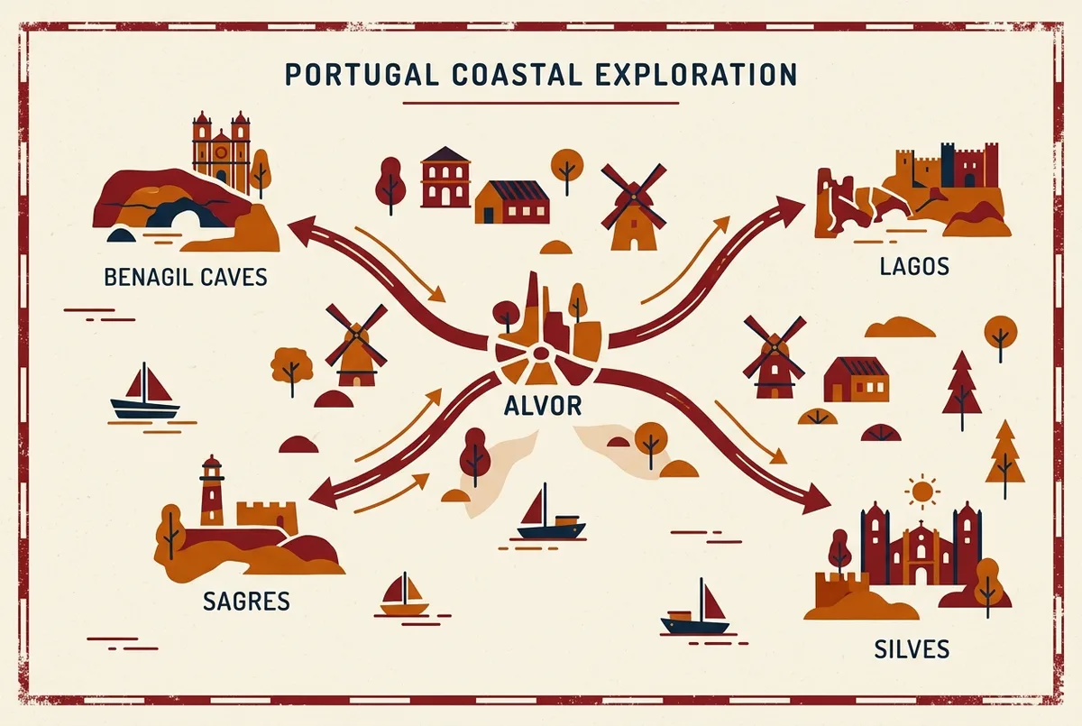 Simple map-style infographic showing Alvor with day trip routes fanning out to the Benagil Caves, Lagos, Silves and Sagres, flat icon style, generic labels only