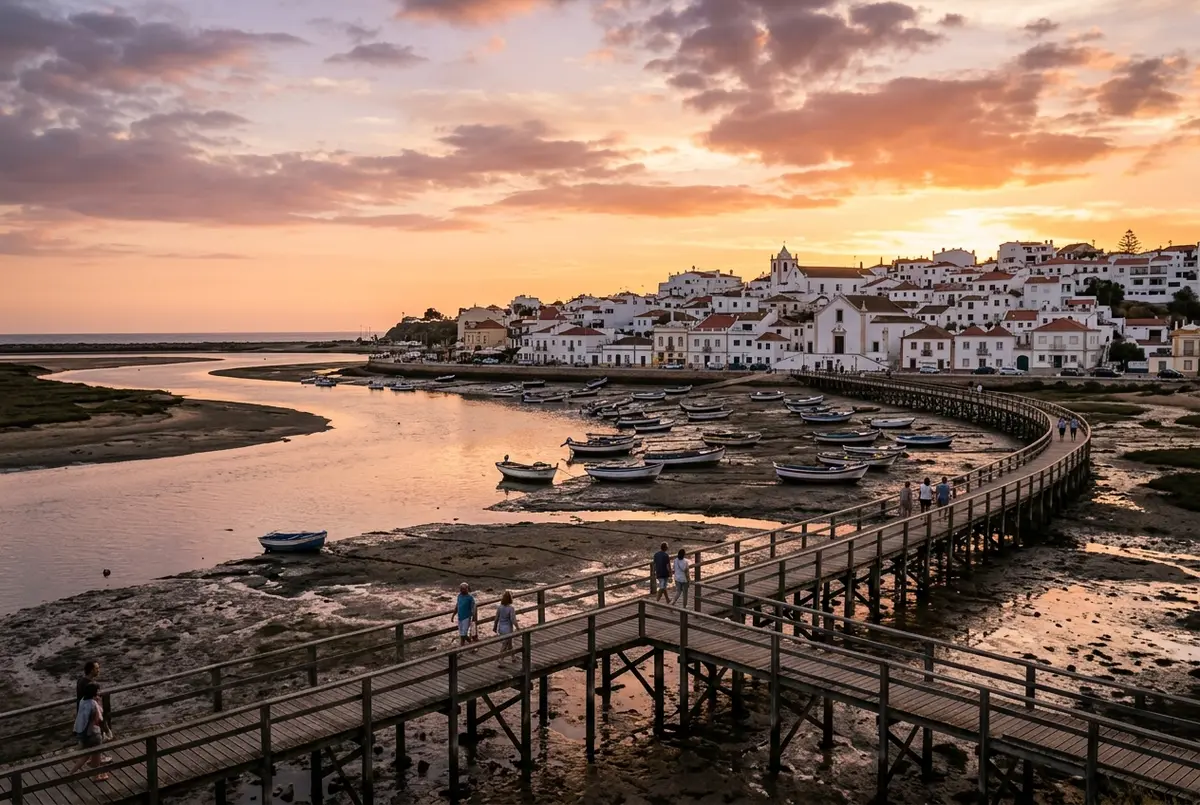 pasarela de madera sobre la ria de alvor portugal al atardecer con casas blancas de pescadores y barcas tradicionales varadas en el barro, alvor portugal que ver