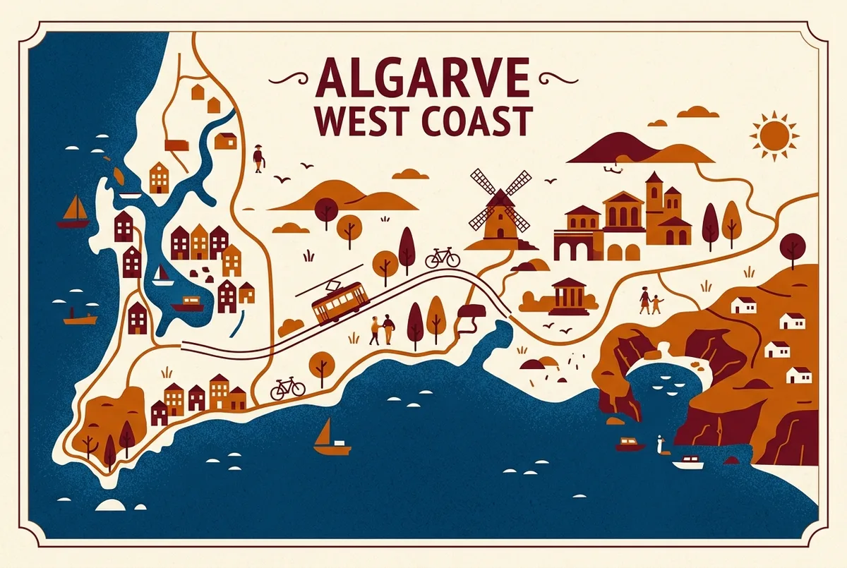mapa simple ilustrado de la costa entre alvor y burgau en el algarve occidental con iconos de la ria de alvor y la cala de burgau, etiquetas genericas sin cifras