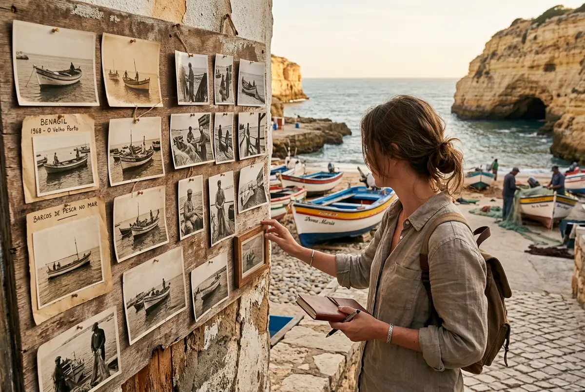 Traveler looking thoughtfully at weathered photographs of small fishing boats pinned near the old Benagil harbor, warm nostalgic late afternoon light, the story behind the benagil cave