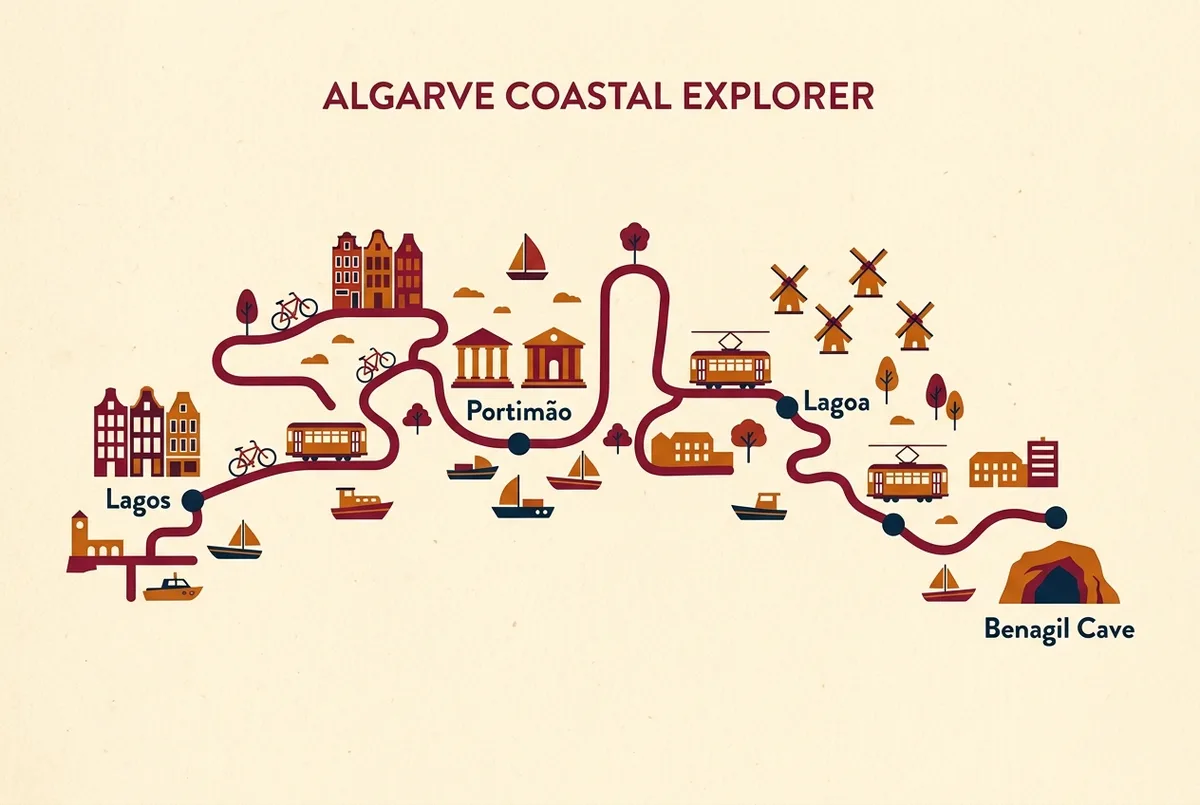 Einfache kartenähnliche Infografik zeigt die Küstenroute von Lagos über Portimão und Lagoa zur Benagil-Höhle, Flat Icon Stil, nur generische Ortsbeschriftungen ohne Zahlen