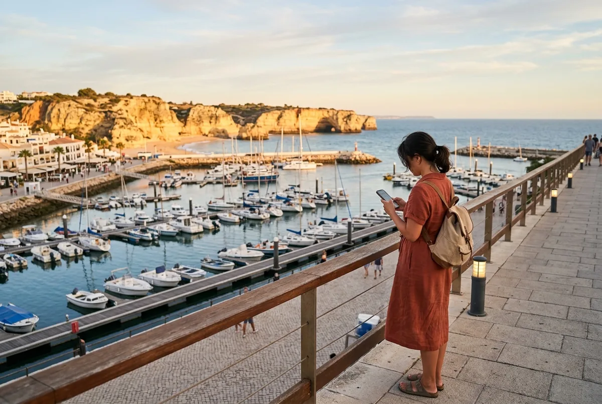 dos puertos deportivos del algarve, portimao y lagos, con barcos turisticos amarrados listos para zarpar hacia benagil al amanecer, cueva de benagil desde portimao