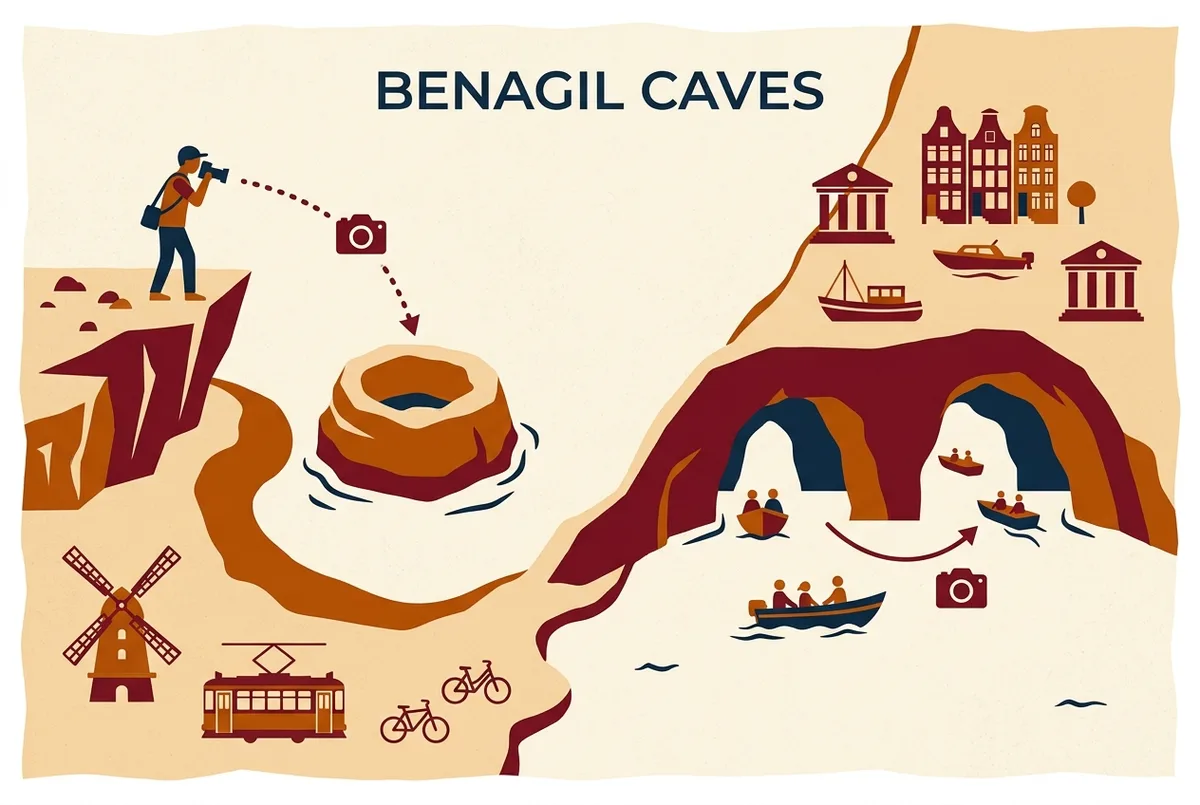 Simple infographic-style illustration comparing the clifftop viewpoint and the inside-the-cave boat angle for photographing the caves of Benagil, flat map-style icons, generic labels only