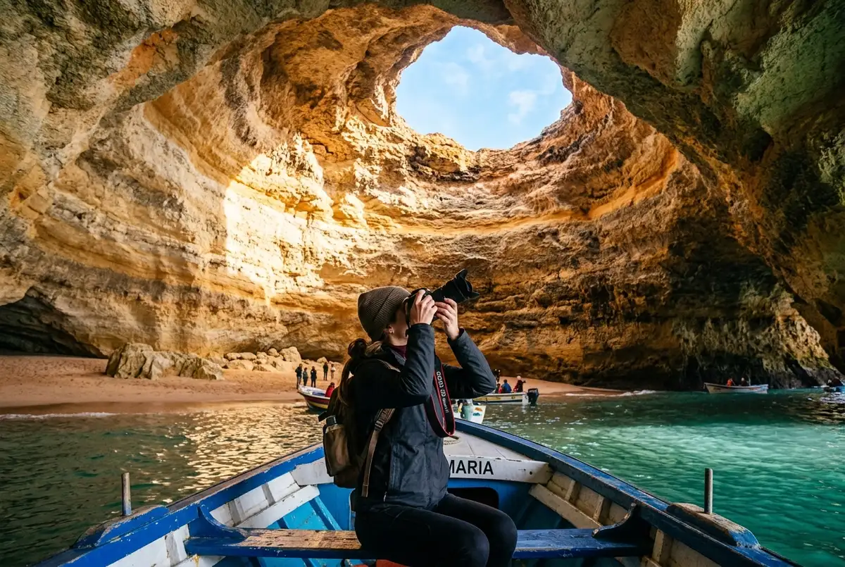 Photographer on a small boat capturing benagil caves photos of the sunlit skylight and sand chamber inside Algar de Benagil, golden morning light, camera raised toward the opening
