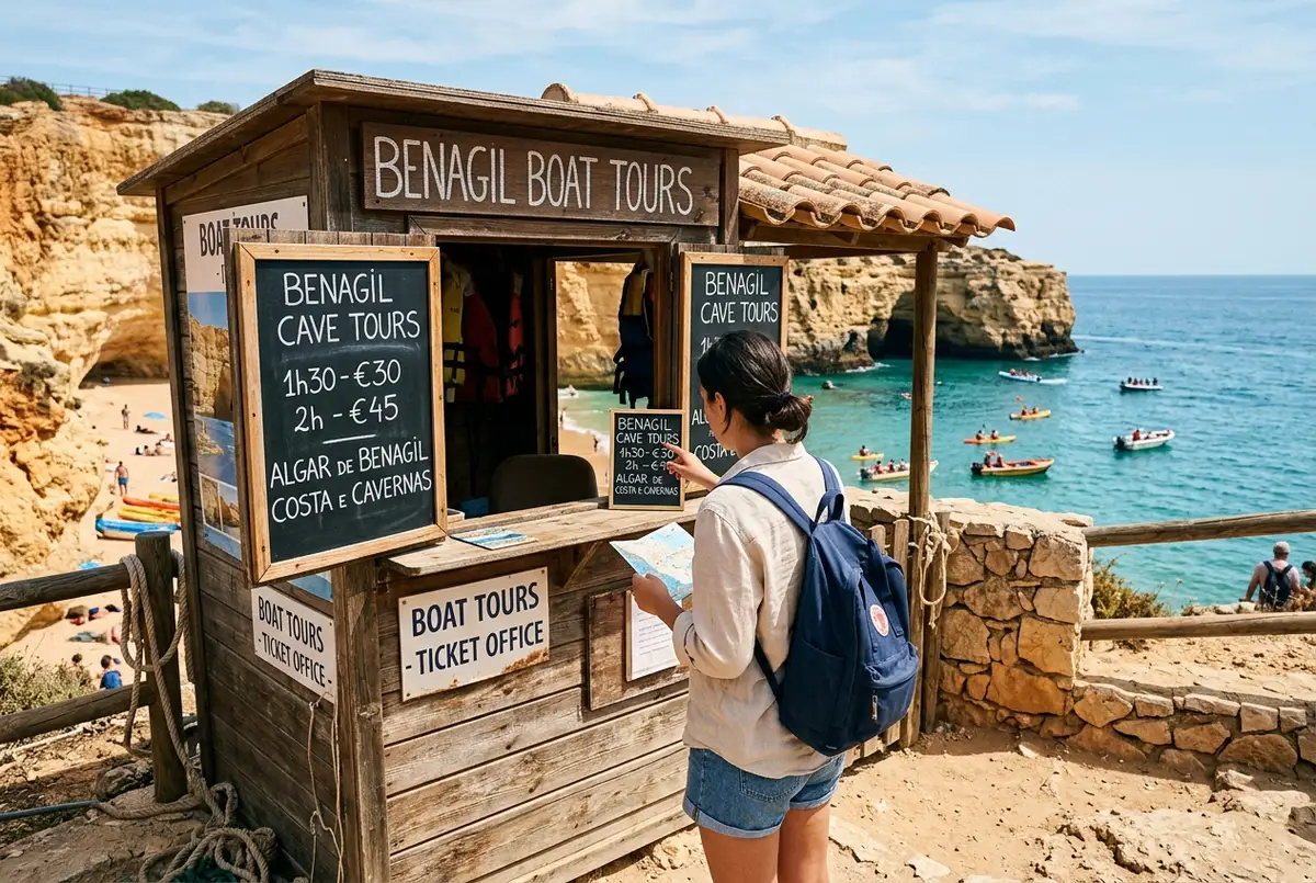 Traveler comparing boat tour price boards at a small ticket kiosk near Benagil beach, Algarve cliffs and turquoise water in the background, bright midday light