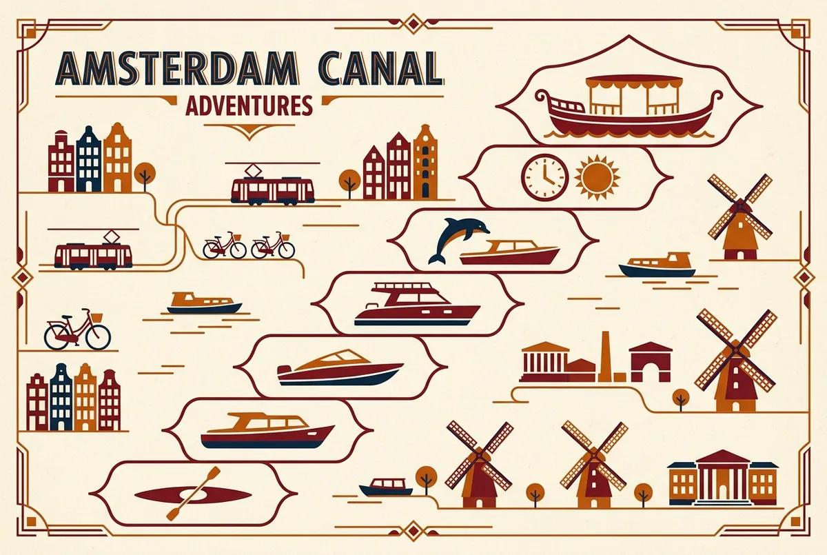 Simple price-ladder infographic showing tour format icons from cheapest to priciest, speedboat, express boat, kayak, catamaran, dolphin combo, full day, flat icon style, generic labels only