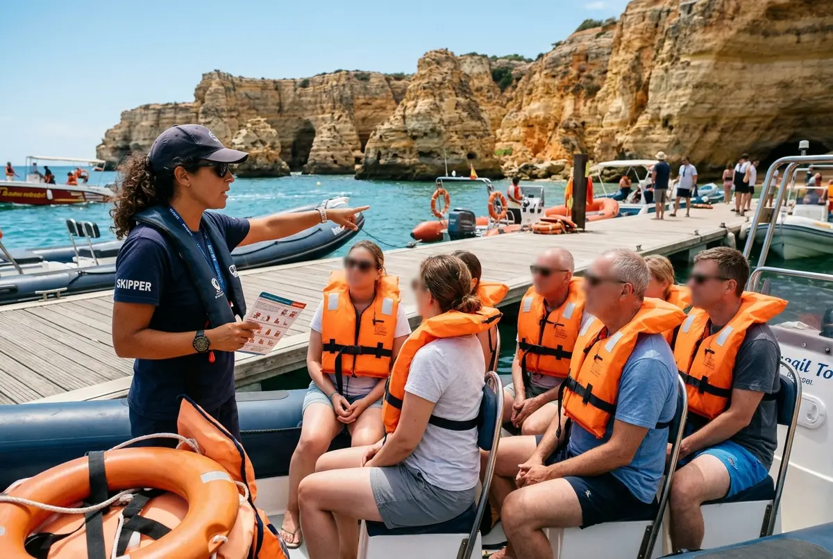 Licensed skipper briefing passengers in life jackets before departure near Algar de Benagil, calm sea conditions, bright midday Algarve light