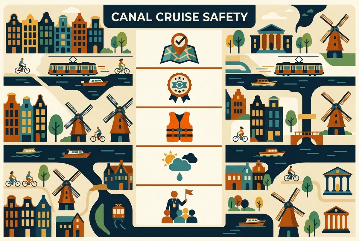 Simple checklist-style infographic showing safety checkpoints, licensed operator badge, life jacket icon, weather check icon, guide briefing icon, flat icon style, generic labels only