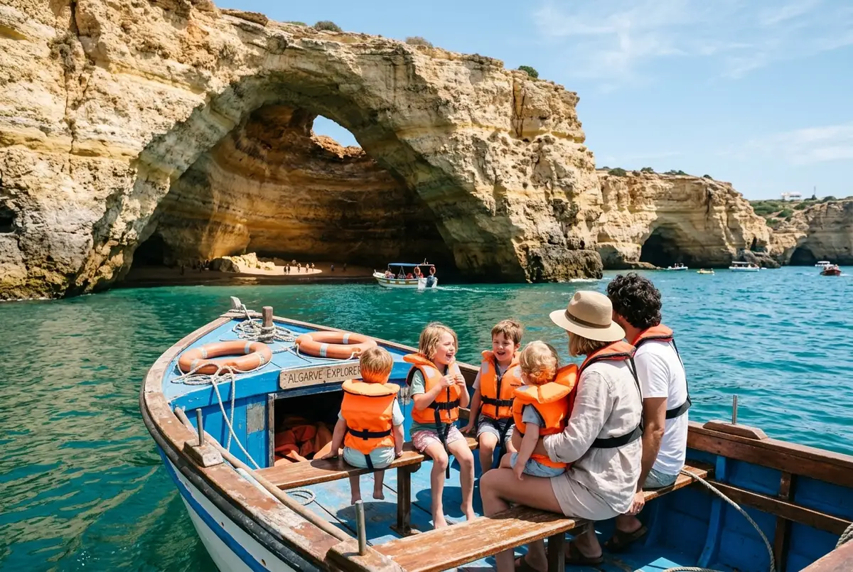 Family with young children in life jackets sitting on a calm tour boat near the entrance of Algar de Benagil, bright midday Algarve coastline