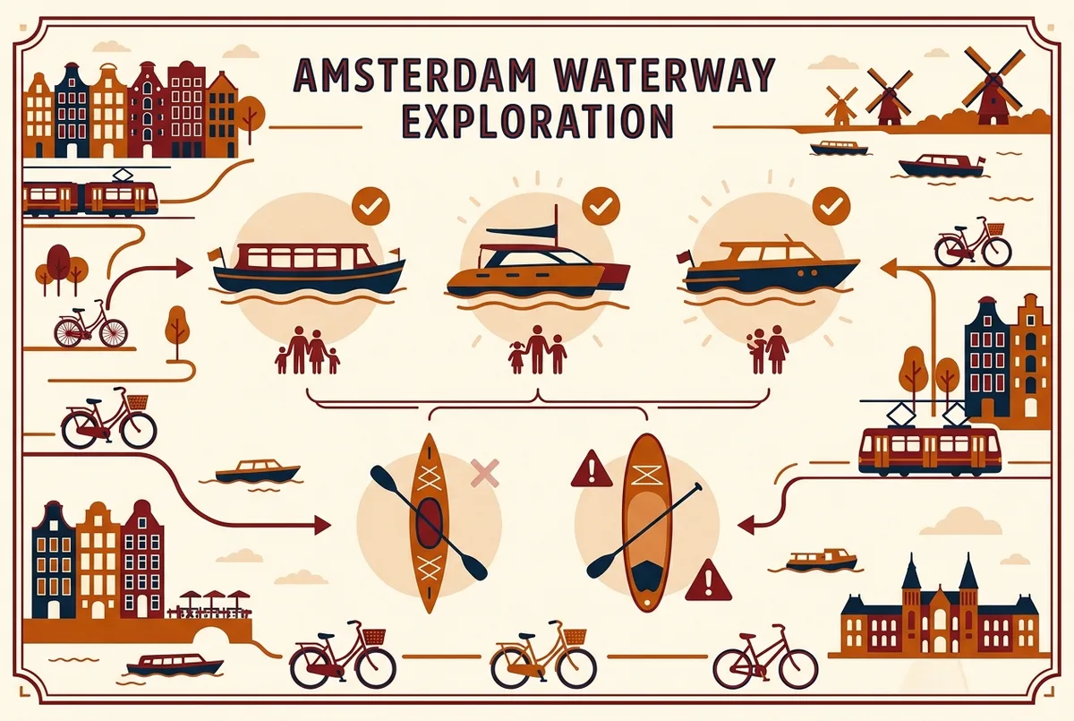 Simple comparison infographic showing family-friendly icons for calm boat, catamaran and short express boat versus kayak and paddleboard icons marked less suitable for young kids, flat icon style, generic labels only