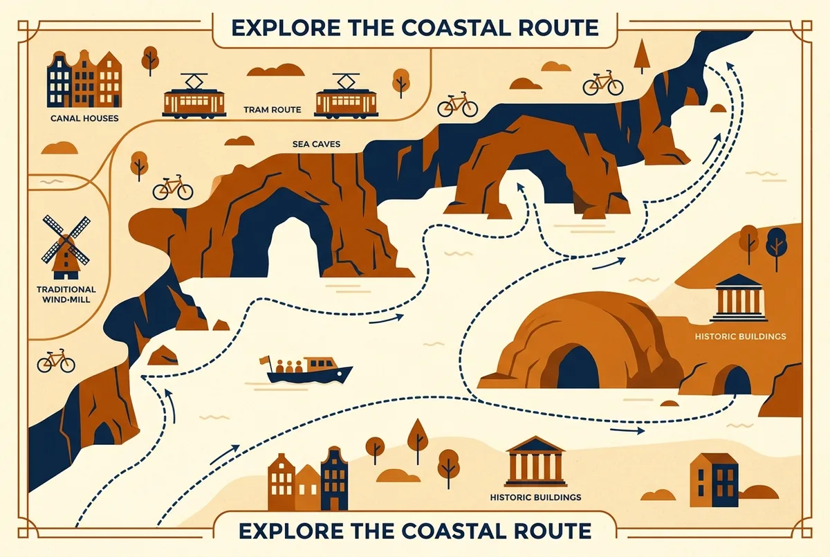 Einfache kartenartige Infografik zeigt die Positionen der Algar de Benagil, der Kathedralenhöhle und mehrerer kleinerer Grotten entlang der Küste zwischen Carvoeiro und Armação de Pêra, Flat Icon Stil, nur Ortsnamen