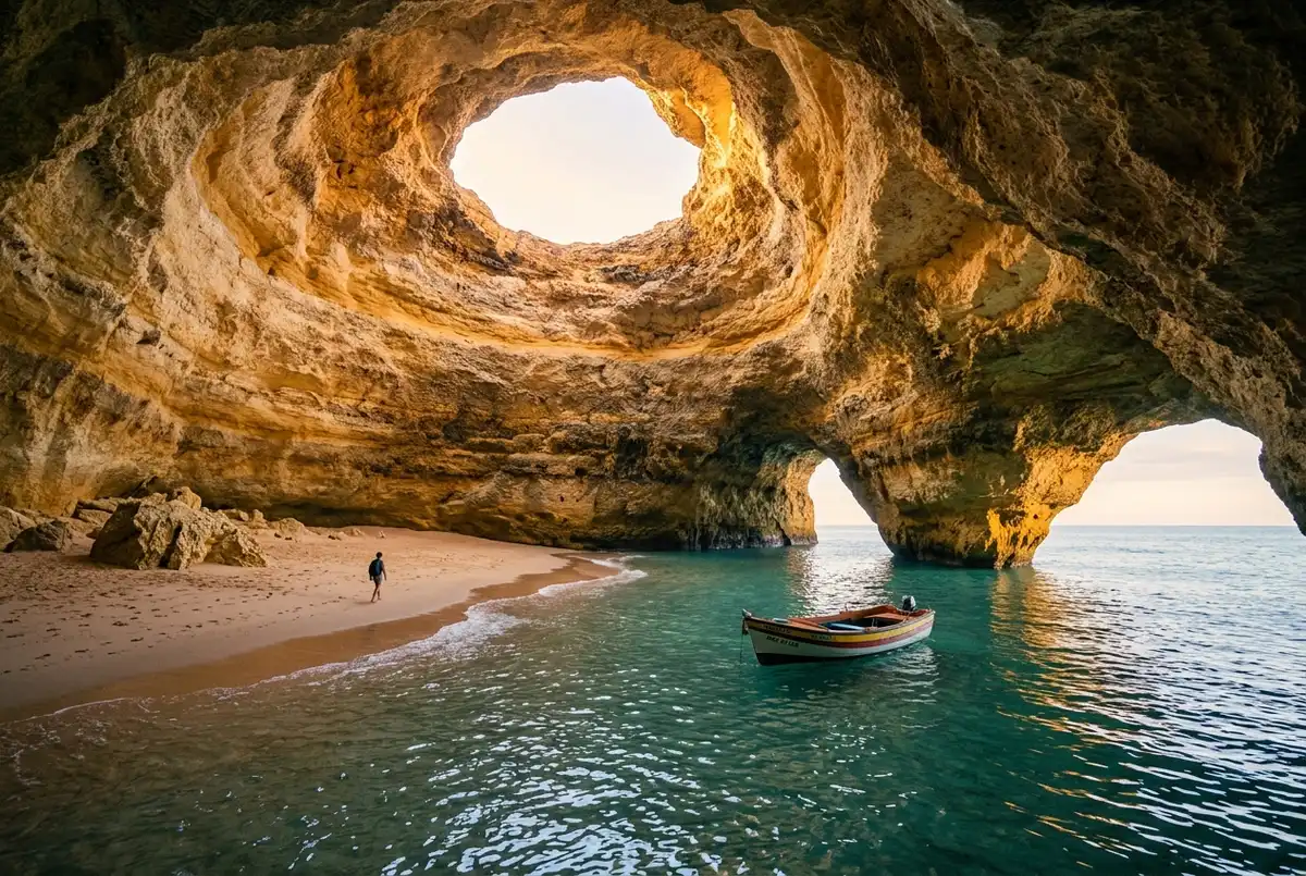 Ruhige frühmorgendliche Szene an der Algar de Benagil in der Nebensaison, weiches goldenes Licht durch die Deckenöffnung, ein einzelnes Boot auf fast leerem Wasser, benagil höhle beste uhrzeit