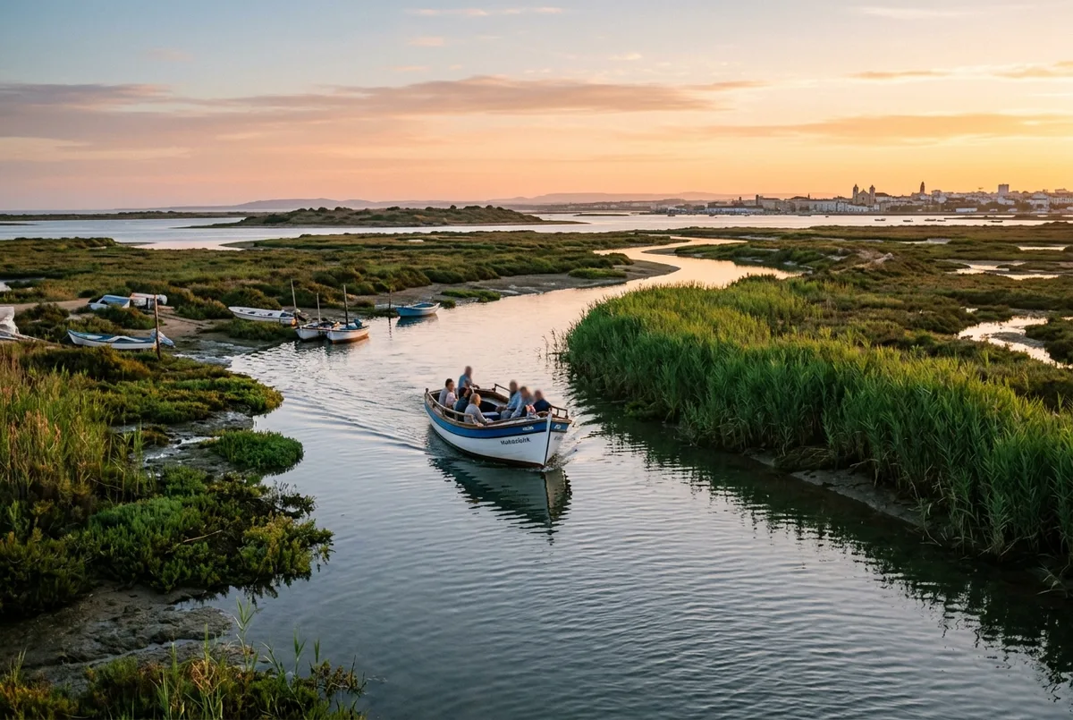 Petit bateau touristique traversant les canaux calmes de la lagune de Ria Formosa près de Faro Portugal au lever du soleil, roseaux et îles basses visibles de chaque côté, que faire autour de faro