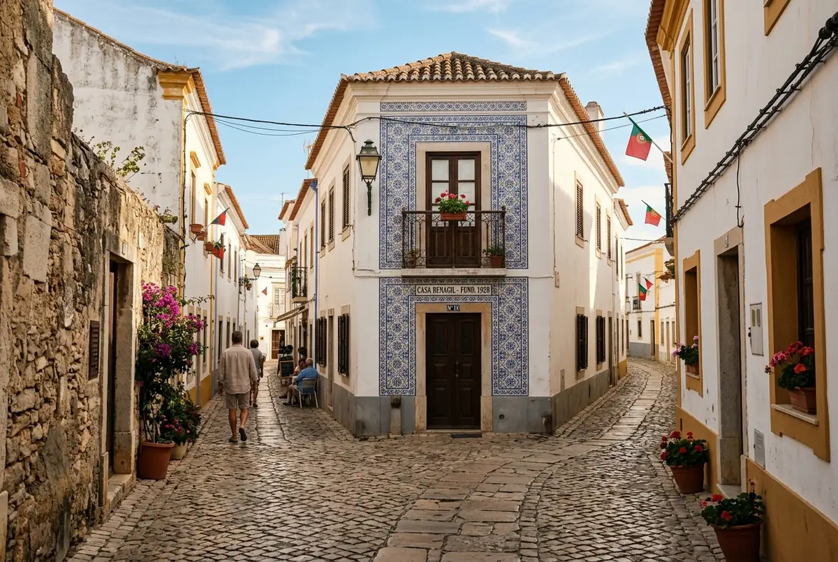 Ruelle pavée de la vieille ville de Faro Portugal avec des façades traditionnelles carrelées d'azulejos et un clocher d'église en arrière plan, lumière dorée de fin d'après midi, que faire a faro