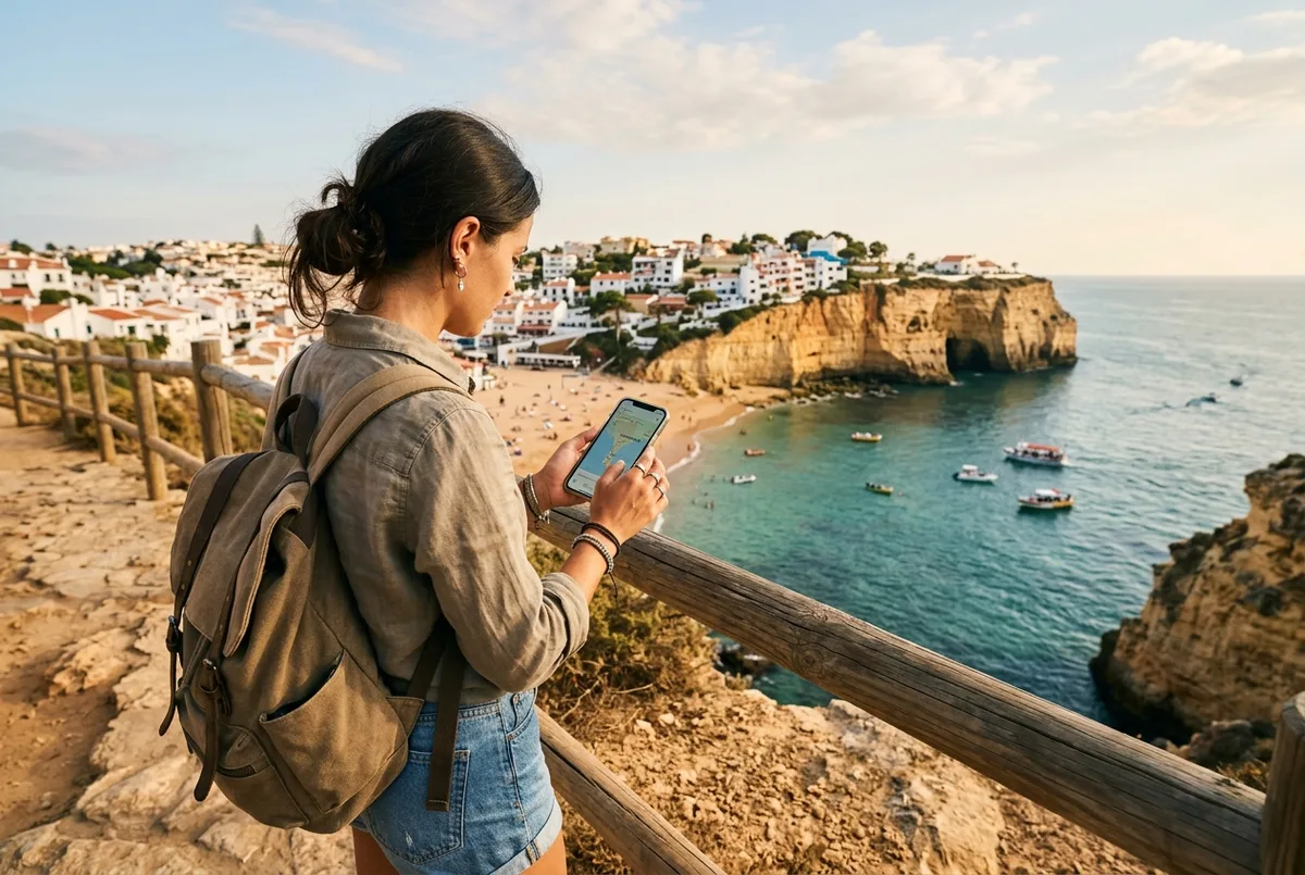 Traveler checking a phone map on Carvoeiro's harbour promenade with fishing boats and the Algarve cliffs toward Benagil visible under a clear morning sky