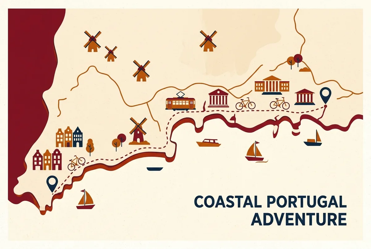 Simple map-style infographic showing the short coastal route from Carvoeiro to Portimao and Benagil village with both departure points marked, flat icon style, generic labels only