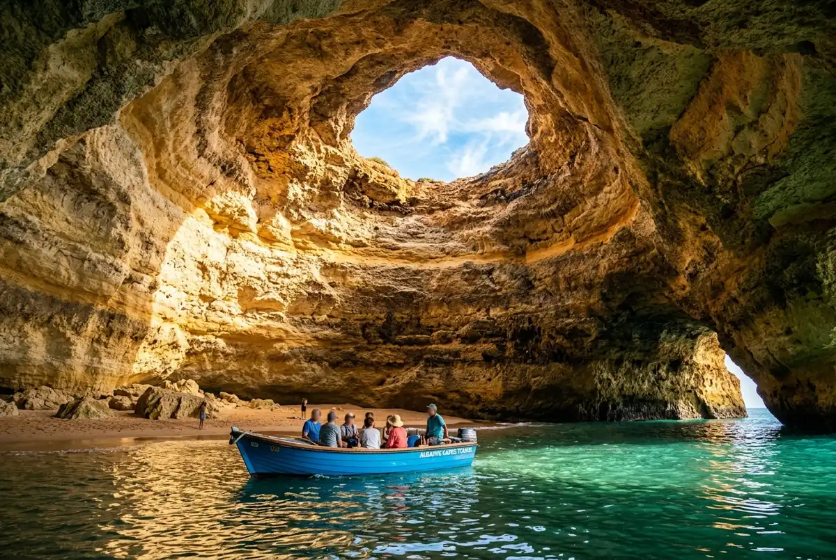 Benagil Grotten: gouden licht valt door het ingestorte dak van de Algar de Benagil, met een kleine tochtboot op het turquoise water binnenin