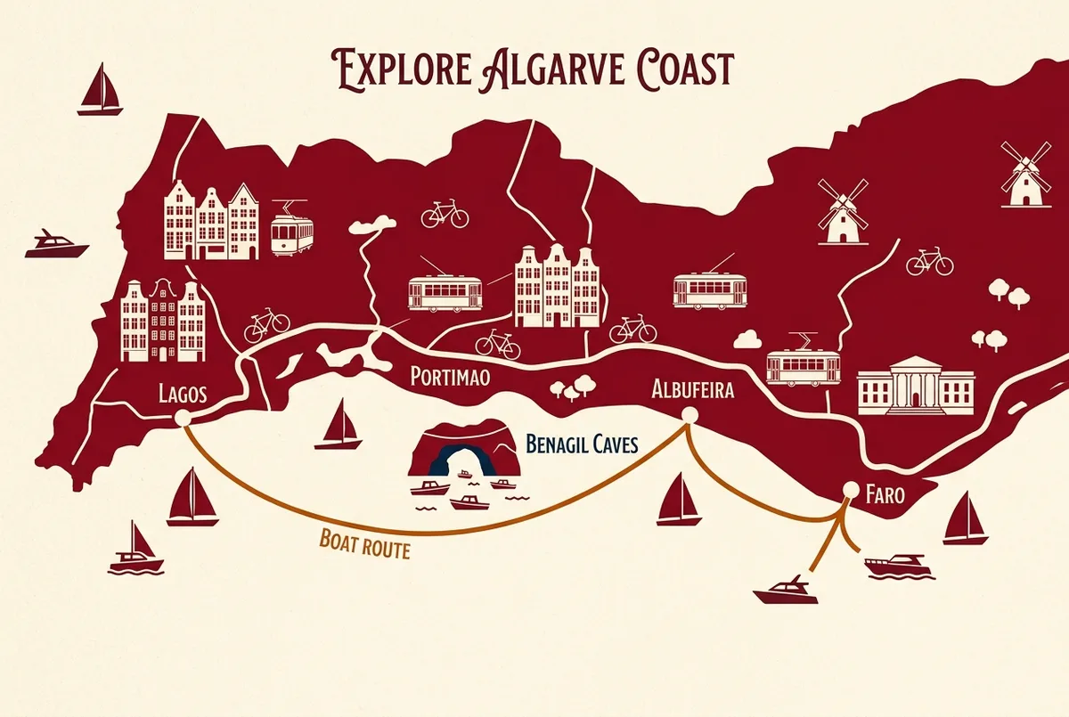 Geïllustreerde kaart van de Algarve-kust met de Benagil Grotten tussen Portimao, Lagos, Albufeira en Armacao de Pera, met een bootroute-lijn