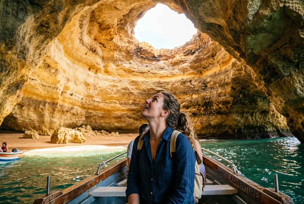 Turista a bordo di un piccolo tour in barca che guarda con stupore l'interno dorato della grotta di benagil attraverso l'apertura nel tetto, luce calda del mattino, espressione di meraviglia genuina