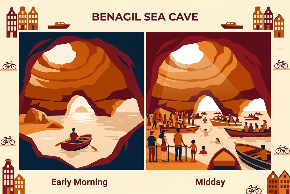 Confronto visivo stile infografica tra la vista della grotta di benagil dal belvedere sulla scogliera e la vista dall'interno in barca attraverso l'apertura, due riquadri affiancati con etichette generiche punto di osservazione alto e punto di osservazione basso