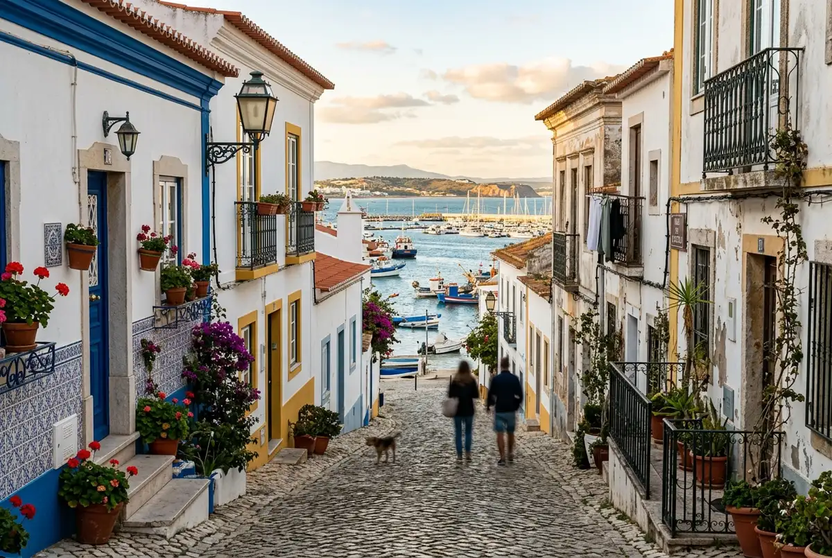 Enge Kopfsteinpflastergasse in der Altstadt von lagos stadt portugal mit weiß getünchten Häusern, bunten Fliesenfassaden und Blick auf den Hafen im Hintergrund