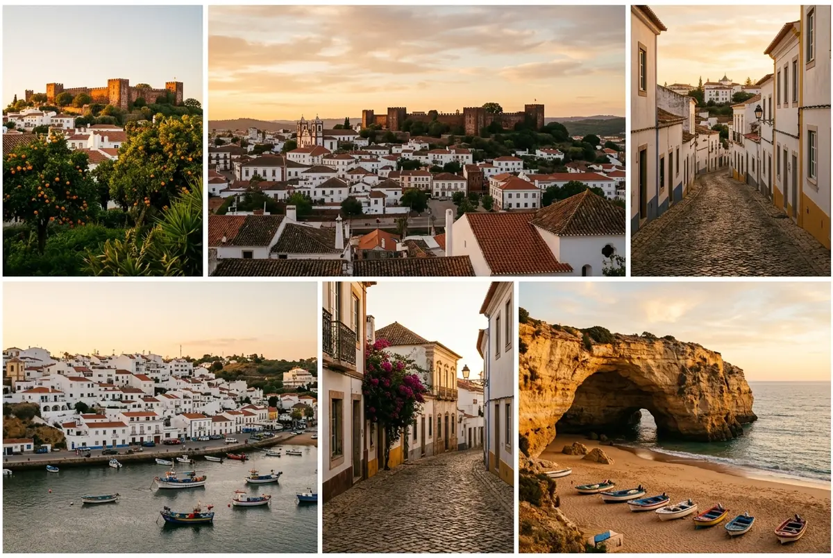 collage editorial de pueblos con encanto del algarve al atardecer, castillo de silves entre naranjos y un pueblo de pescadores costero con casas blancas, pueblos con encanto algarve