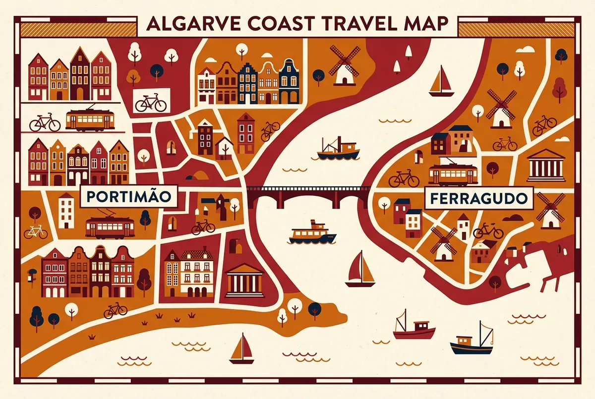 Einfache Flat-Icon-Karte zeigt Portimão und Ferragudo gegenüberliegend an der Arade-Mündung mit einer Fährverbindung und Brücke dazwischen, Algarve-Küste, generische Ortsbeschriftungen ohne Zahlen