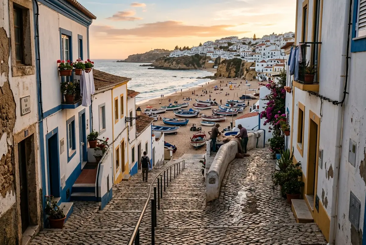 casco antiguo blanco de albufeira portugal al atardecer con calles empedradas estrechas bajando hacia la playa dos pescadores, albufeira que visitar