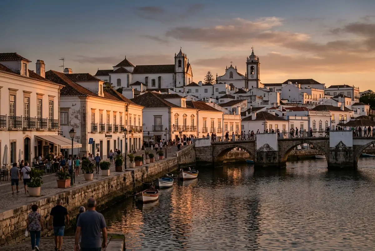 casco historico de tavira portugal al atardecer con casas blancas junto al rio gilao, puente romano y torres de iglesias al fondo, q ver en tavira