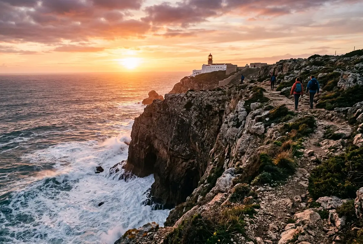 Dramatische Steilklippen von sagres geheimtipp am Cabo de Sao Vicente bei Sonnenuntergang mit Leuchtturm und wildem Atlantik, wenige Wanderer am Klippenrand
