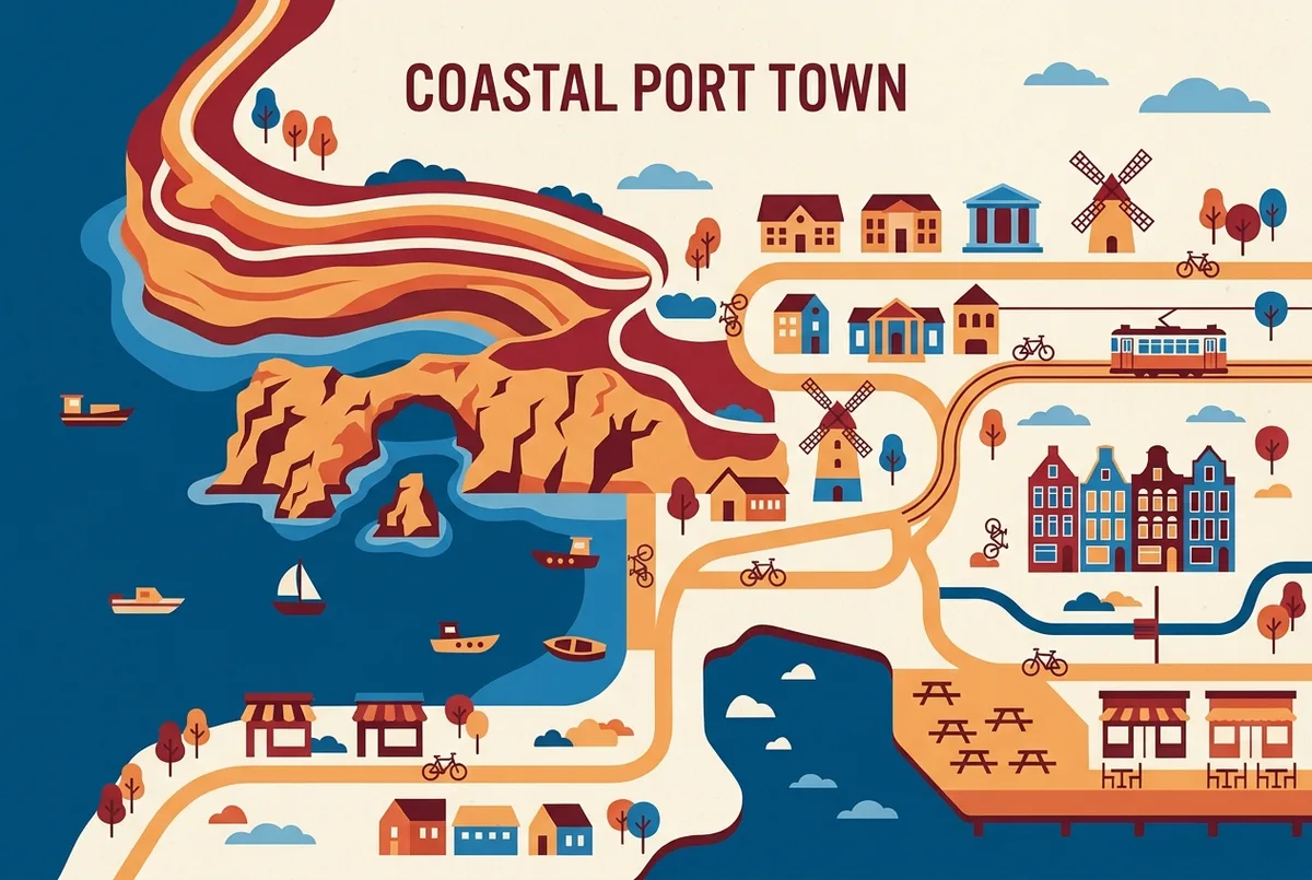 Simple map-style infographic showing Carvoeiro's harbor, clifftop terraces above Algar Seco and boardwalk restaurant zones, flat icon style, generic labels only