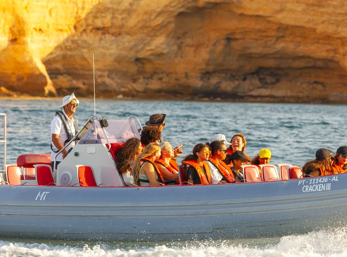 Passengers wearing life jackets on the Benagil Caves speedboat tour